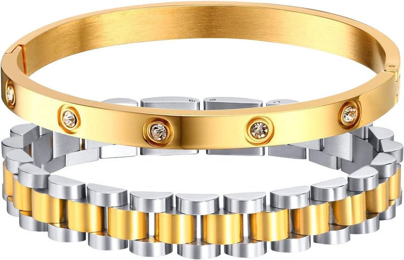 MPRAINBOW 2pcs 18K Gold Plated Chain Link Bracelet, Stainless Steel Crystal Friendship Bracelets Bangle,Watch Band Chains Wristband Jewelry with Adjust Tool - Image 1